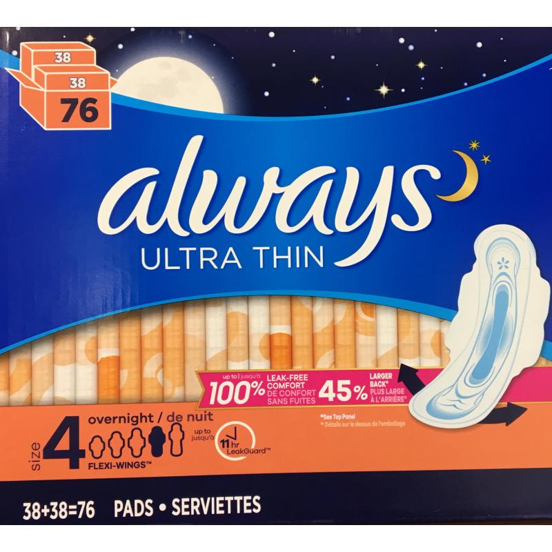 Always Ultra Thin Overnight Pads, 2-pack of 38 - Deliver-Grocery